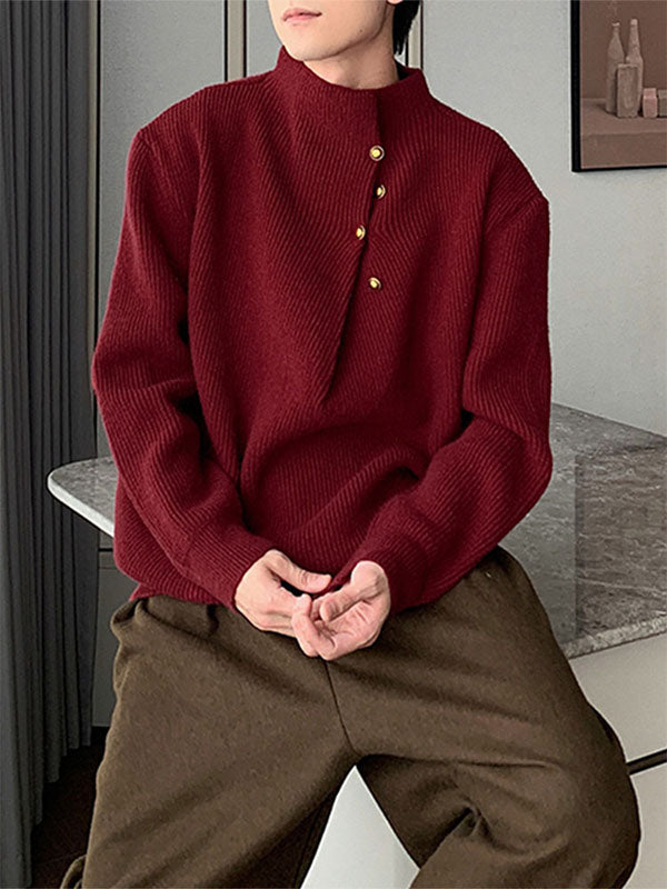 Men's Metal Buckle Patchwork Textured Long Sleeve Sweater SKUL29608