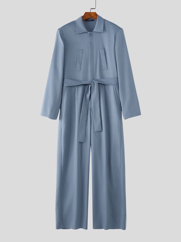 Men's Solid Color Lace Up Long Sleeve Jumpsuit SKUL52525