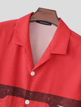 Men's Vintage Ethnic Block Printed Cuban Camp Collar Relaxed Fit Short Sleeve Shirt SKUL63056