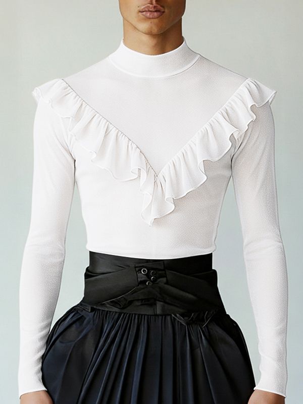 Men's Solid Color Ruffle Edge Patchwork Mock Neck Long Sleeve T-shirt SKUL46283