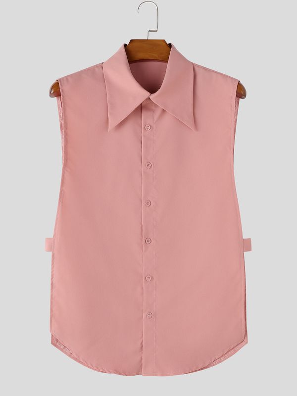 Men's Avant-Garde Pointed Collar Open Side Strap Detail Sleeveless Shirt SKUL68073