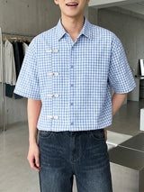Men's Plaid Frog Button Short Sleeve Shirt SKUL56148
