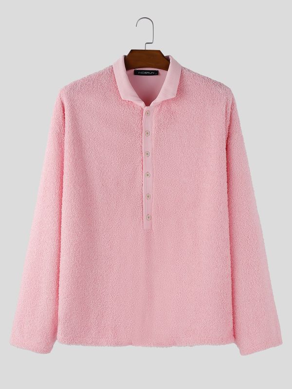 Men's Solid Color Textured Lapel Long Sleeve Shirt SKUL52568