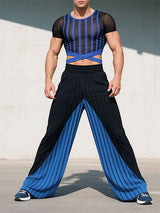 Men's Striped Sheer Mesh Cropped Two Pieces Outfit SKUL23456