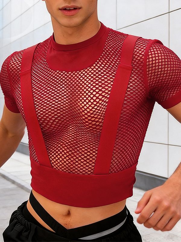 Men's Avant-Garde Sheer Mesh Harness-Detail Cropped Short Sleeve T-shirt SKUL57685