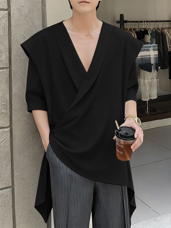 Men's Solid Color Loose Deep V Neck Long Sleeve Shirt SKUL51906