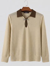 Men's Early Autumn Urban Casual Contrast Polo Metal Link Muscle Slim Long Sleeve Polo Collar Sweater SKUL81059