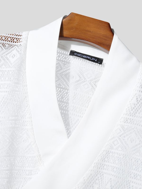 Men's Solid Color Lace Asymmetric Placket Half Sleeve Shirt SKUL56292