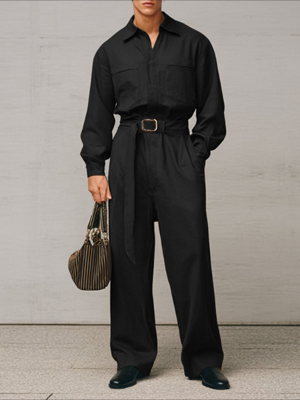 Men's Solid Tie Strap Casual Long Sleeve Jumpsuit SKUL28175
