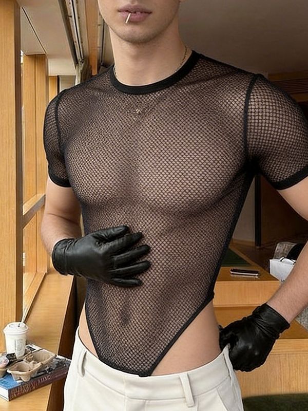 Men's Avant-Garde Sheer Fishnet High-Cut V-Hem Bodysuit SKUL62119
