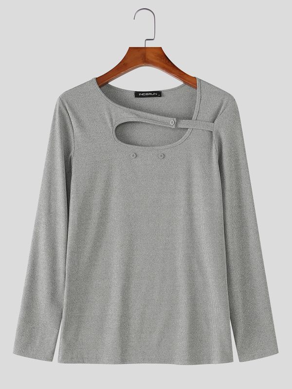 Men's Provocative Avant-Garde Asymmetrical Cut-Out Ribbed Knit Long-Sleeve T-shirt SKUL77301