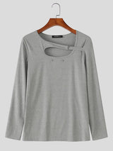 Men's Provocative Avant-Garde Asymmetrical Cut-Out Ribbed Knit Long-Sleeve T-shirt SKUL77301
