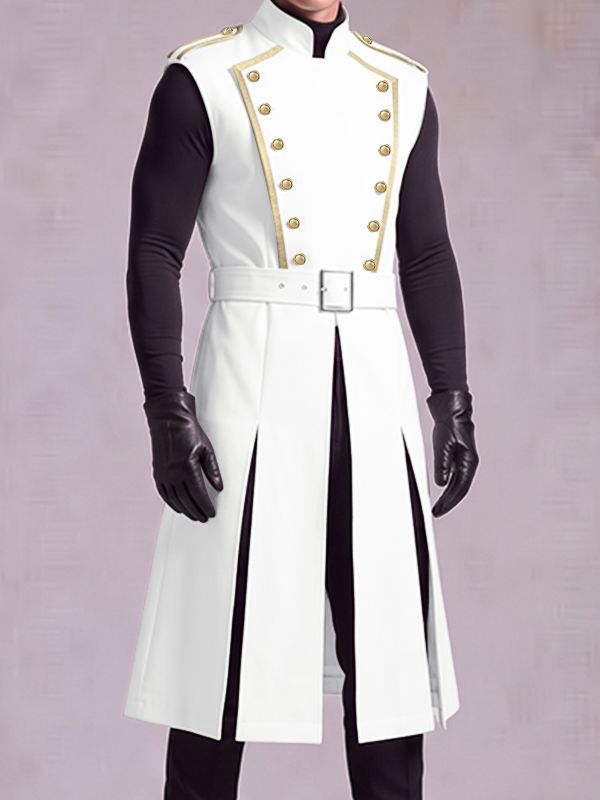Men's Avant-Garde Retro Military Epaulet Double Breasted Knee Length Sleeveless Mandarin Collar Waistcoat SKUL81731
