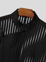 Men's Striped Sheer Frog Button Short Sleeve Shirt SKUL55428