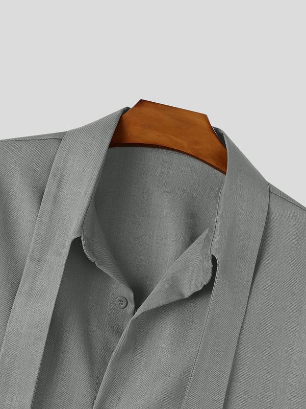 Men's Korean Dandy Evening Date Long Ribbon Tie Neck Lapel Collar Shirt SKUL84784