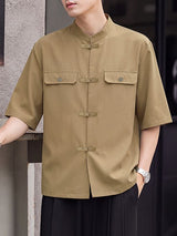 Men's Neo-Traditional Zen Utility Frog-Button Boxy Shirt SKUL79948