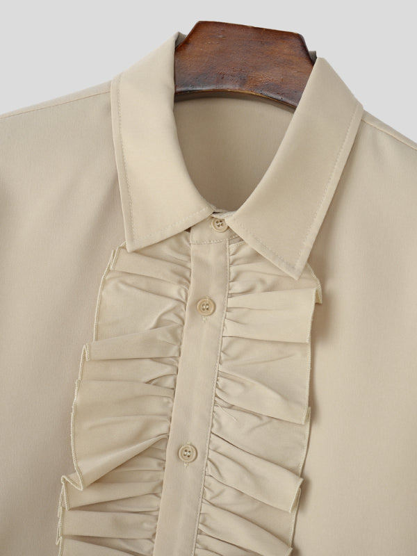 Mens Solid Color Ruffle Collar Long Sleeve Shirt SKUL27250