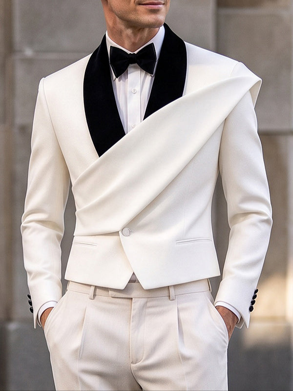 [Pre-order] Men's Avant-Garde Luxury Evening Gala Shawl Lapel Asymmetric Drape Cropped Blazer SKUL89162