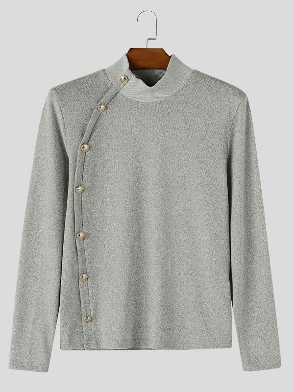 Men's Smart Chic Daily Commute Side Slanted Placket Metallic Button Slim T-shirt SKUL84771