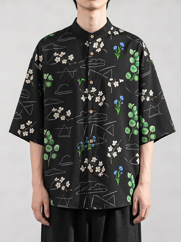 Men's Modern Neo-Chinese Landscape Floral Graphic Print Loose Batwing Sleeve Shirt SKUL73743