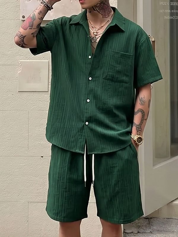 Men's Vintage High Street Slub Pleated Textured Two Pieces Outfit SKUL72615