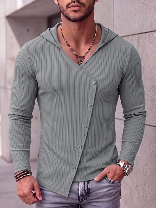Men's Avant-Garde Urban Casual Asymmetrical Slanted Button Ribbed Knit Long Sleeve Hooded Sweatshirt SKUL81825