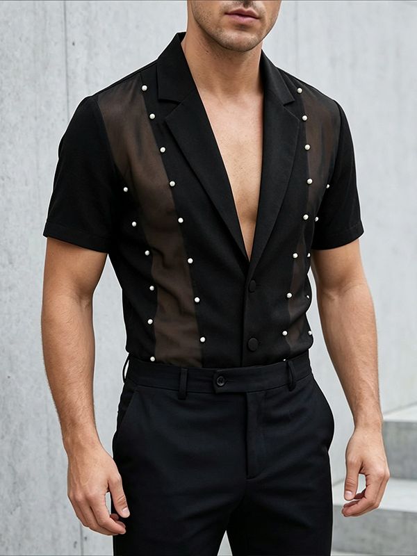 Men's Avant-Garde Pearl Beaded Mesh Patchwork Short Sleeve Cuban Collar Shirt SKUL64296