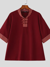 Men's Vintage Casual Frog Button Striped V-Neck Short Sleeve Shirt SKUL60236