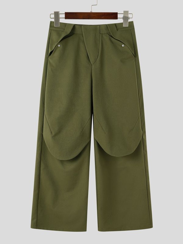 Men's Avant-Garde High Street Curved Flap Overlay Rivet Detail Baggy Floor Length Wide Leg Pant SKUL81732