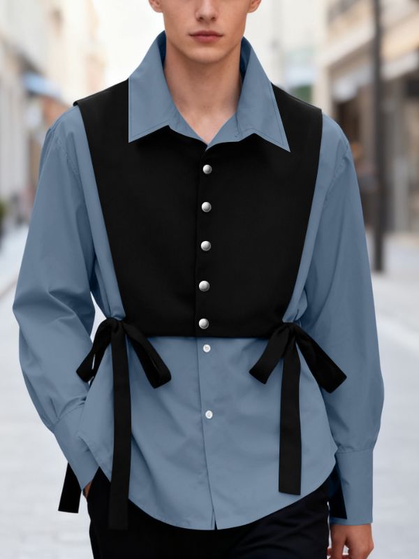 Men's Faux Two Piece Patchwork Long Sleeve Shirt SKUL46566