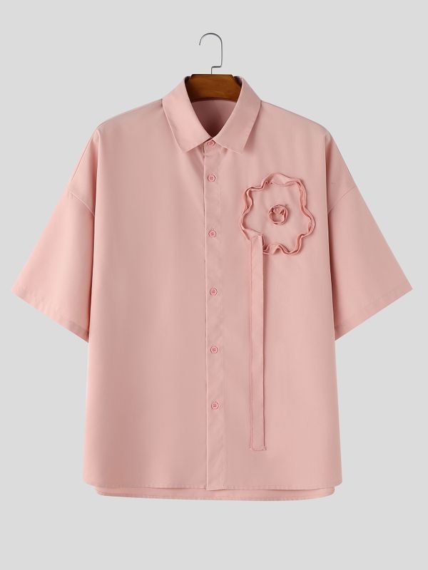 Men's K-Pop Streetwear 3D Floral Applique Ribbon Detailed Short Sleeve Shirt SKUL76570