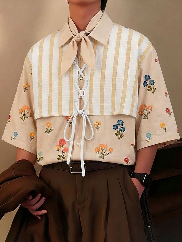 Men's Floral Print Contrast Color Patchwork Half Sleeve Shirt SKUL53143