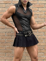 Men's Avant-Garde Sleeveless Mesh Patchwork High-Collar Tank SKUL52635