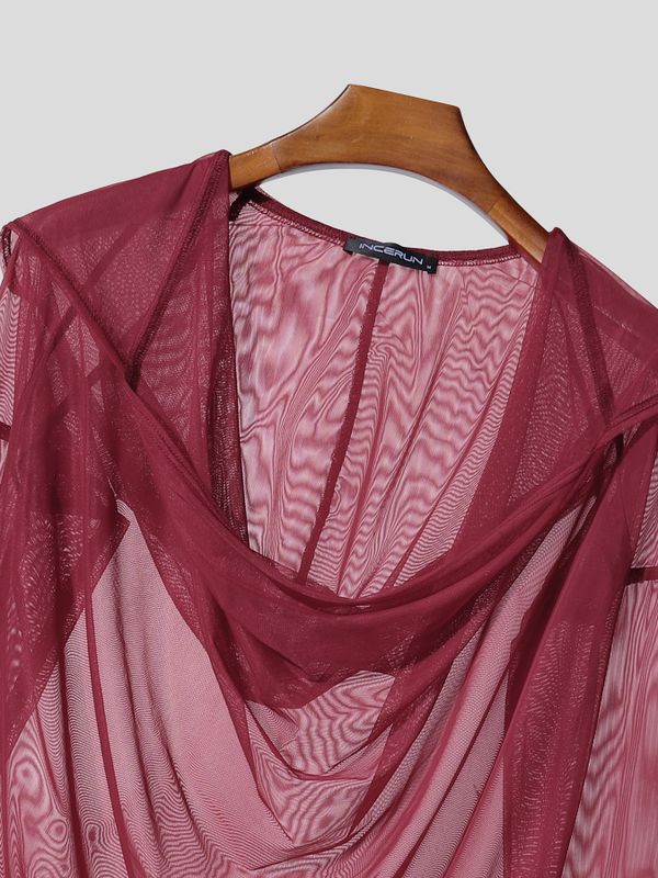 Men's Sheer Mesh Draped Neck Hooded Long Sleeve T-shirt SKUL54056