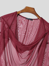 Men's Sheer Mesh Draped Neck Hooded Long Sleeve T-shirt SKUL54056