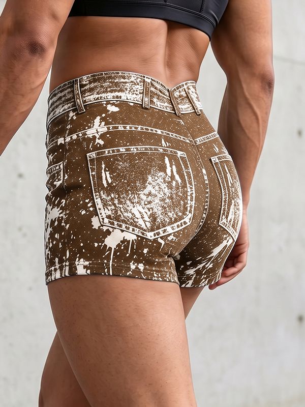 Men's Faux Denim Splatter Print High-Waisted Booty Short SKUL75678