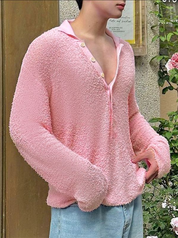 Men's Solid Color Textured Lapel Long Sleeve Shirt SKUL52568