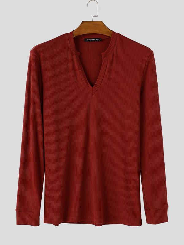 Men's Smart-Casual Ribbed Knit Deep Notch V-Neck Long Sleeve Shirt SKUL80470