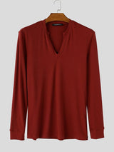 Men's Smart-Casual Ribbed Knit Deep Notch V-Neck Long Sleeve Shirt SKUL80470