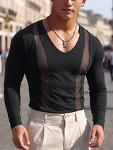Men's Early Autumn Urban Casual Sheer Mesh Patchwork Deep V-Neck Muscle Fit Long Sleeve V-Neck T-shirt SKUL83997