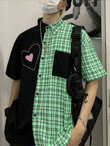 Men's Japanese Harajuku Streetwear Contrast Plaid Color-Block Heart Graphic Short Sleeve Shirt SKUL68889