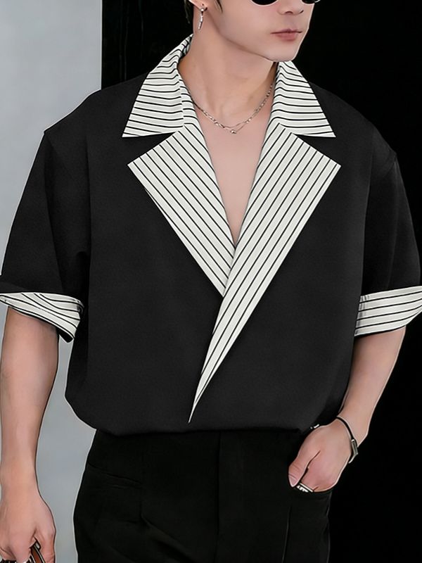 Men's Avant-Garde Contrast Stripe Oversized Notched Lapel Short Sleeve Shirt SKUL60167