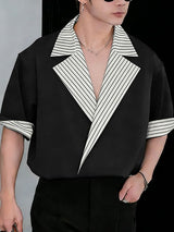 Men's Avant-Garde Contrast Stripe Oversized Notched Lapel Short Sleeve Shirt SKUL60167
