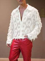 Men's Nightclub Party Semi-Sheer Fringe Button-Up Long Sleeve Shirt SKUL76467