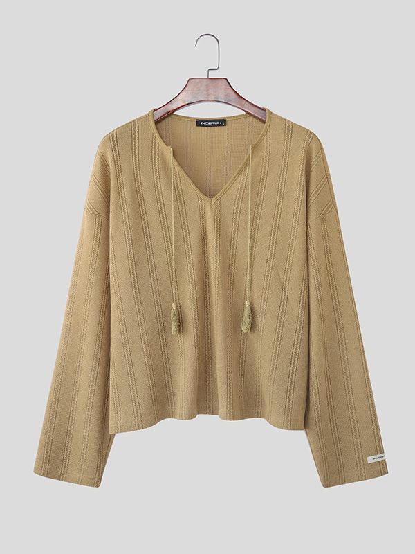 Men's Solid Color Textured Long Sleeve T-shirt SKUL50897