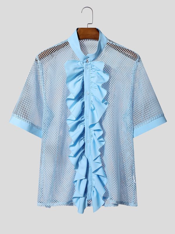Men's French Ruffle Mesh Design Short Sleeve Shirt SKUL63170