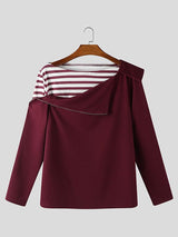 Men's Shoulder Zipper Design Stripe Patchwork Long Sleeve T-shirt SKUL43742