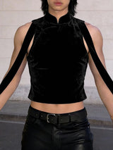 Men's Ribbon Patchwork Velvet Frog Button Stand Collar Cropped Tank SKUL51873