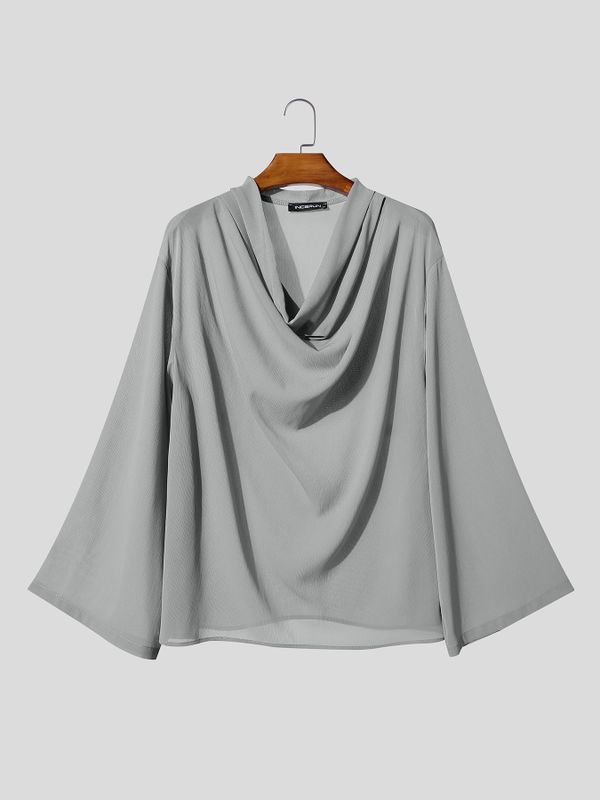 Men's Early Autumn Stage Classical Waterfall Pleat Slouchy Drop Shoulder Long Sleeve Plunging V-Neck T-shirt SKUL82470