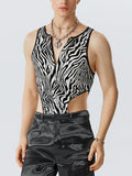 Mens Zebra Pattern Zip Front Sleeveless Bodysuit SKUK11255